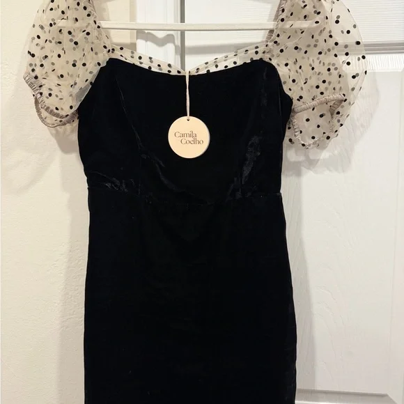 NWT REVOLVE Camila Coelho Black Mini Dress with Sheer Polka Dot Sleeves - Picture 4 of 5